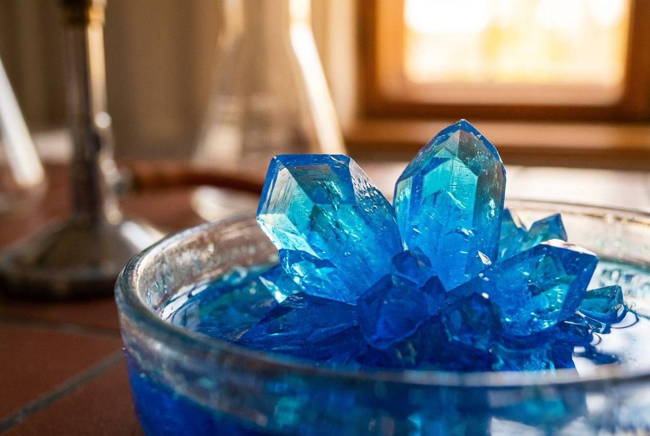 An extreme close-up photograph of vibrant, pure blue copper sulfate crystals glistening and forming in an evaporating basin, with a soft, blurred background hinting at laboratory equipment and warm light. The composition is a 3:2 landscape, emphasizing the intricate beauty of the formed crystals.