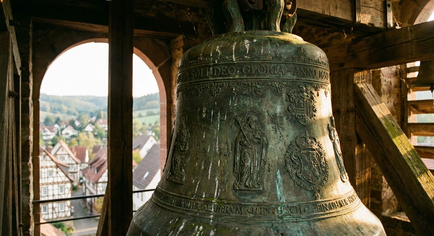 A dramatic close-up photograph of a majestic, weathered bronze church bell, intricately sculpted, bathed in warm, golden afternoon light. It hangs within a historic German bell tower, with a blurred, picturesque German village nestled in a valley visible through an archway in the background, conveying a sense of clear, resonant sound.