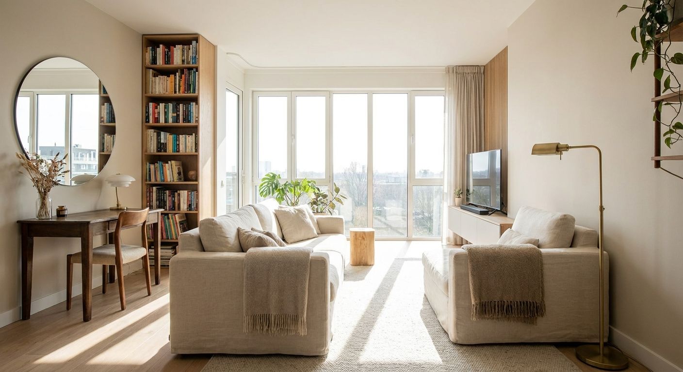 A beautifully designed, bright and inviting modern Dutch apartment living room, bathed in soft natural light from a large window. The room features a comfortable sofa, a minimalist wooden bookshelf filled with books, a sleek television on a media console, and a stylish floor lamp. An elegant desk with a chair is tucked into a corner, and a decorative wall mirror reflects the light, creating a serene and welcoming atmosphere.