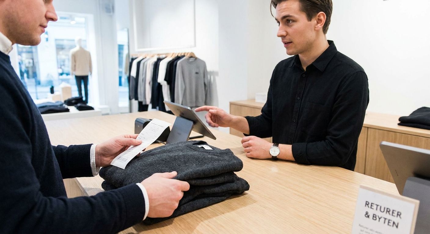 A customer at a brightly lit, modern clothing shop counter in Sweden holds a neatly folded jumper and a receipt, engaged in conversation with a shop assistant about an exchange or return. The focus is on the transaction, with the items and hands prominent in a clean, contemporary retail environment, captured in a vivid photograph.