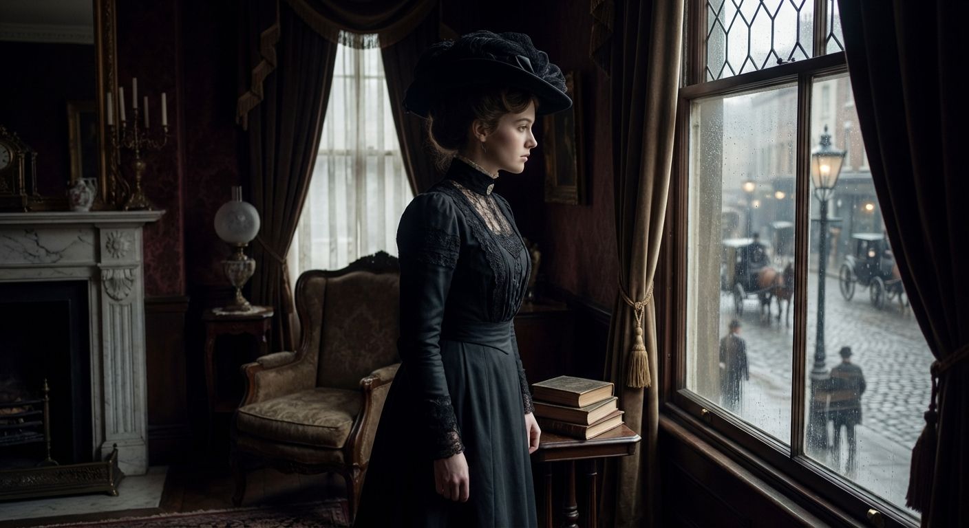 A young woman in elegant early 20th-century British attire stands thoughtfully at a large, ornate window within a lavish, slightly shadowed drawing-room. Her gaze is directed outwards with a profound, introspective expression, towards a subtly visible, more common street scene beyond the glass. The luxurious interior subtly hints at her privileged world, contrasted by the blurred, yet real, world outside, symbolizing a dawning social conscience and a breaking down of internal walls.