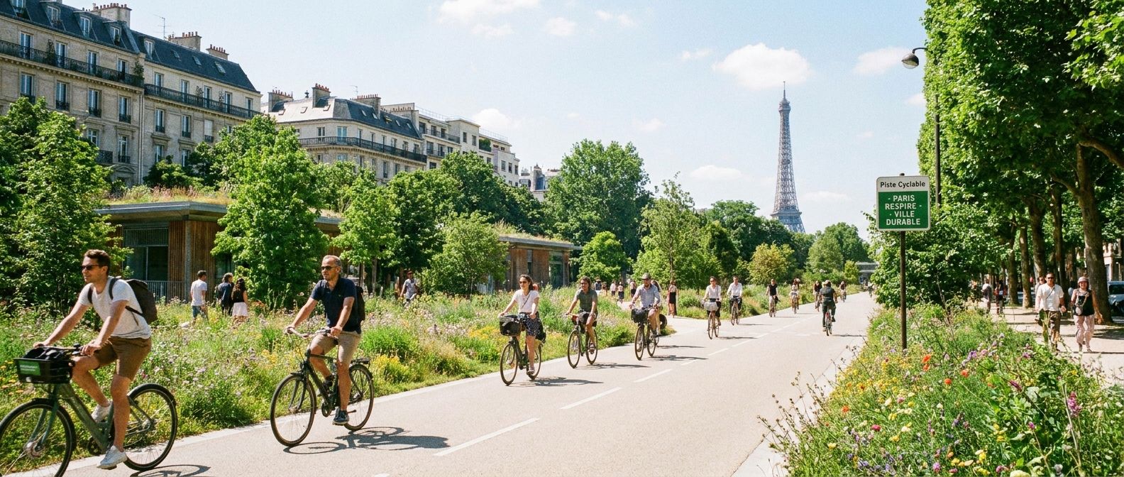 A wide-angle, vivid photograph captures a modern, clean cycle path winding through a vibrant urban park in a bustling French city on a sunny day. People are cycling and strolling, enjoying the lush green spaces and fresh air, with charming French architecture visible in the background, conveying a sense of improved city living and environmental care.