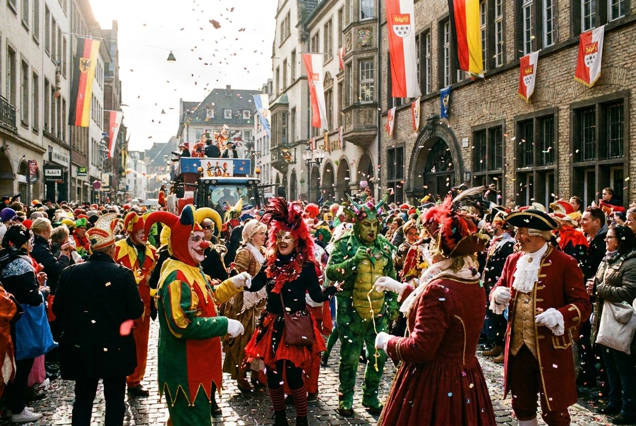 A lively street scene during German Karneval, featuring people in elaborate, colorful costumes laughing and dancing, with confetti and streamers filling the air. The atmosphere is joyous and vibrant, captured as a dramatic photograph in a 3:2 landscape frame.
