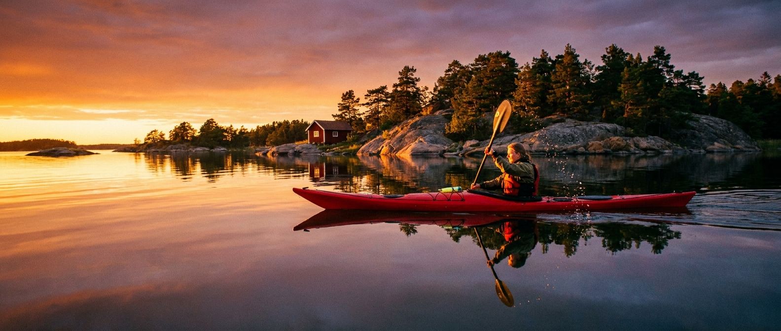 A wide, dramatic photograph of a person actively paddling a sleek red kayak through the calm, reflective waters of a Swedish lake or archipelago. The sun is low, casting a warm glow on the surrounding rocky islands dotted with vibrant green pine trees, creating a sense of peaceful adventure and freedom.