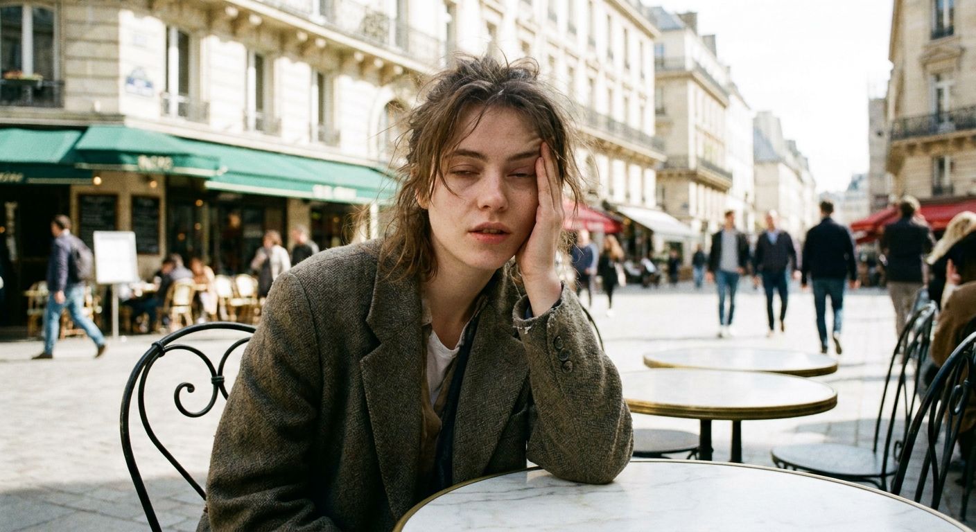 A close-up, candid photograph of a young woman with a slightly weary expression, gently touching her forehead, sitting at an elegant outdoor cafe in Paris. Her eyes are slightly closed, suggesting tiredness or a mild headache. The background is softly blurred, showing typical Parisian architecture and passersby in natural, soft light, creating a pensive and relatable mood.