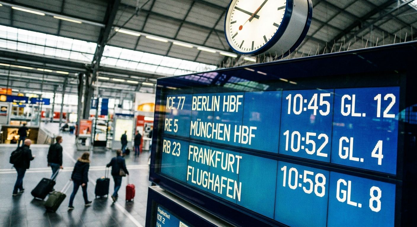 A close-up, dynamic photograph of a large, modern digital departure board at a bustling German train station, displaying various train times and destinations. In the background, out of focus, people are moving with luggage, conveying a sense of travel and scheduled events. A prominent station clock is visible in the upper part of the frame, emphasizing the passage of time with bright, crisp lighting.