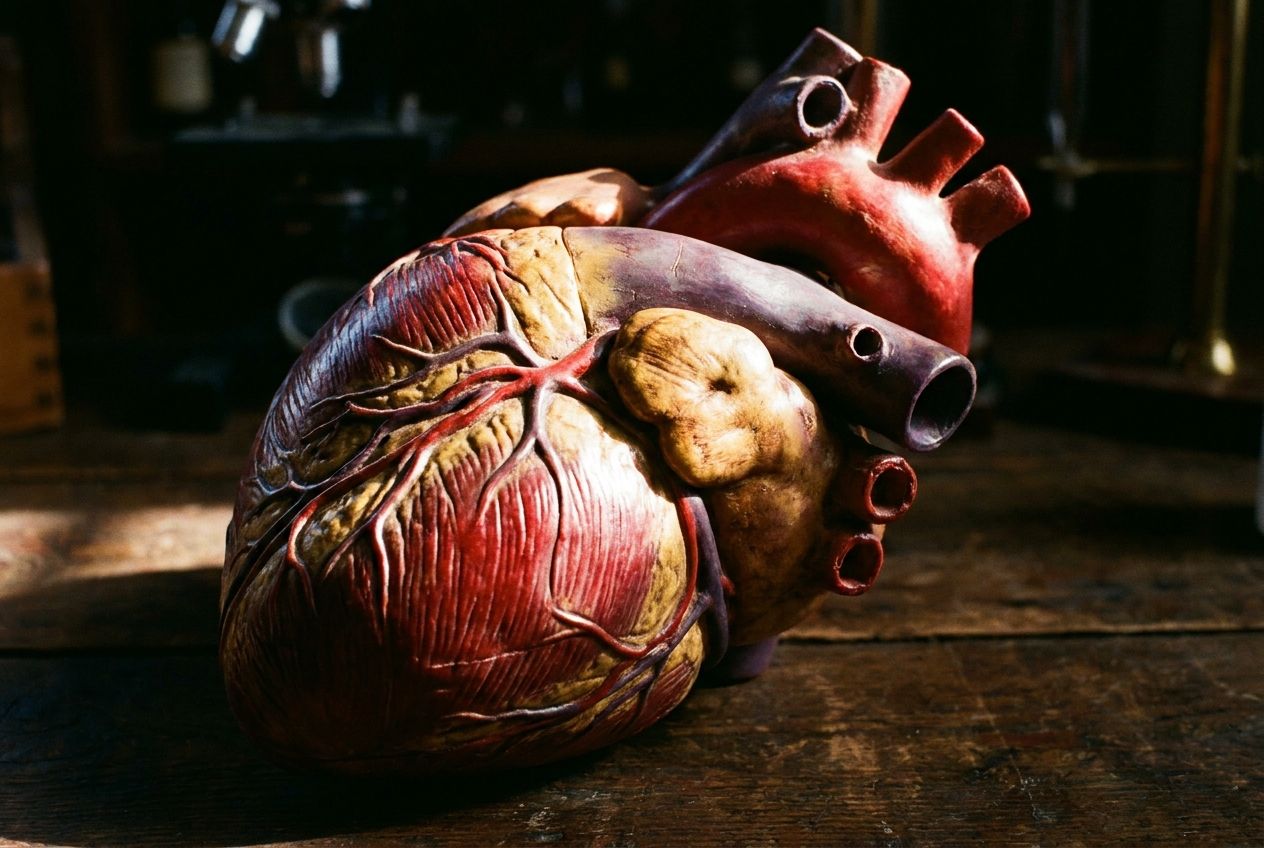 A vivid, close-up, dramatic photograph of a realistic anatomical model of a human heart, emphasizing its intricate muscular structure and major blood vessels. Strong, dynamic lighting creates deep shadows and highlights, conveying a sense of power and vitality, composed for a 3:2 landscape frame.