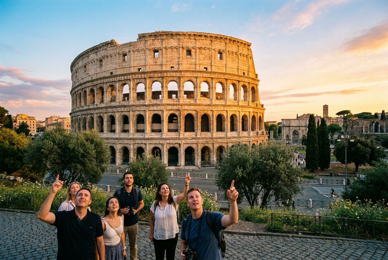 A vibrant, wide-angle photograph of the ancient Colosseum in Rome, bathed in warm golden hour light, with a few people in the foreground admiring its grandeur. The scene evokes a sense of wonder and appreciation for Italian history and travel, composed for a 3:2 landscape frame.