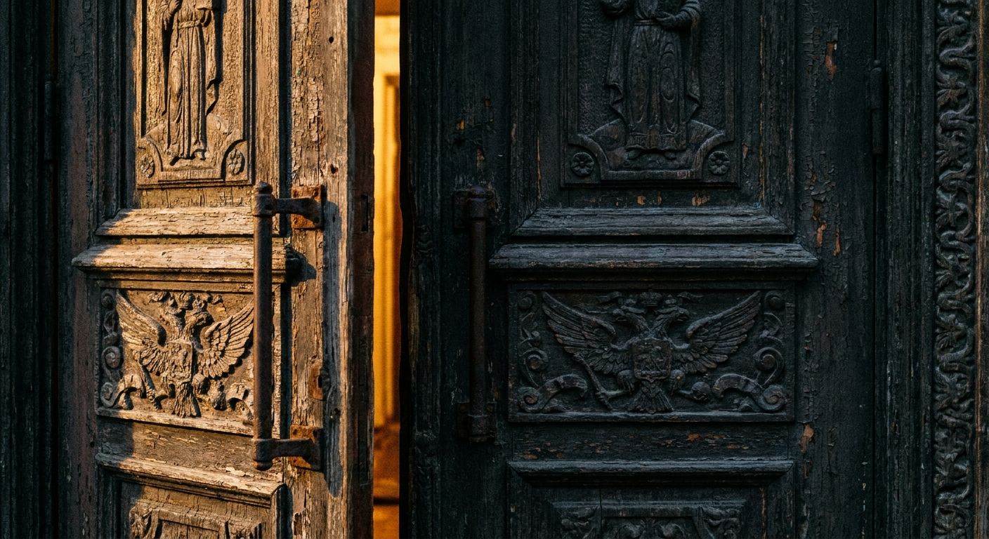 A close-up photograph of a grand, ornate wooden double door on a historic Russian building; one door is slightly ajar, revealing a sliver of warm, inviting light from within, while the other is firmly closed, casting a deep shadow. The intricate carvings and weathered texture of the wood are sharply in focus, captured at eye level with dramatic side lighting.