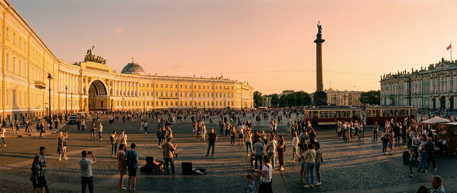 A wide, horizontal photograph of a bustling Palace Square in St. Petersburg, Russia, at golden hour. Numerous people are scattered across the vast square, some walking, some gathered in groups, with the ornate neoclassical architecture of the General Staff Building and the distant Hermitage Museum providing a majestic backdrop. The warm, low light highlights the intricate details of the buildings and the dynamic activity of the crowd.
