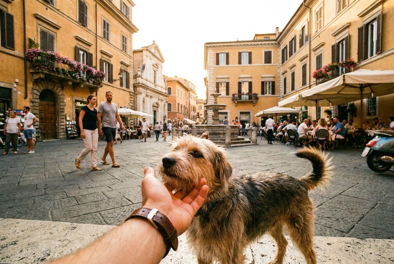 A vibrant photograph capturing a sun-drenched Italian piazza. In the foreground, a person's hand is reaching out to gently pet a small, friendly dog, a clear, specific action. Behind them, the bustling piazza continues with people strolling, cafe tables, and historic architecture, forming a lively, descriptive background in a 3:2 landscape frame.