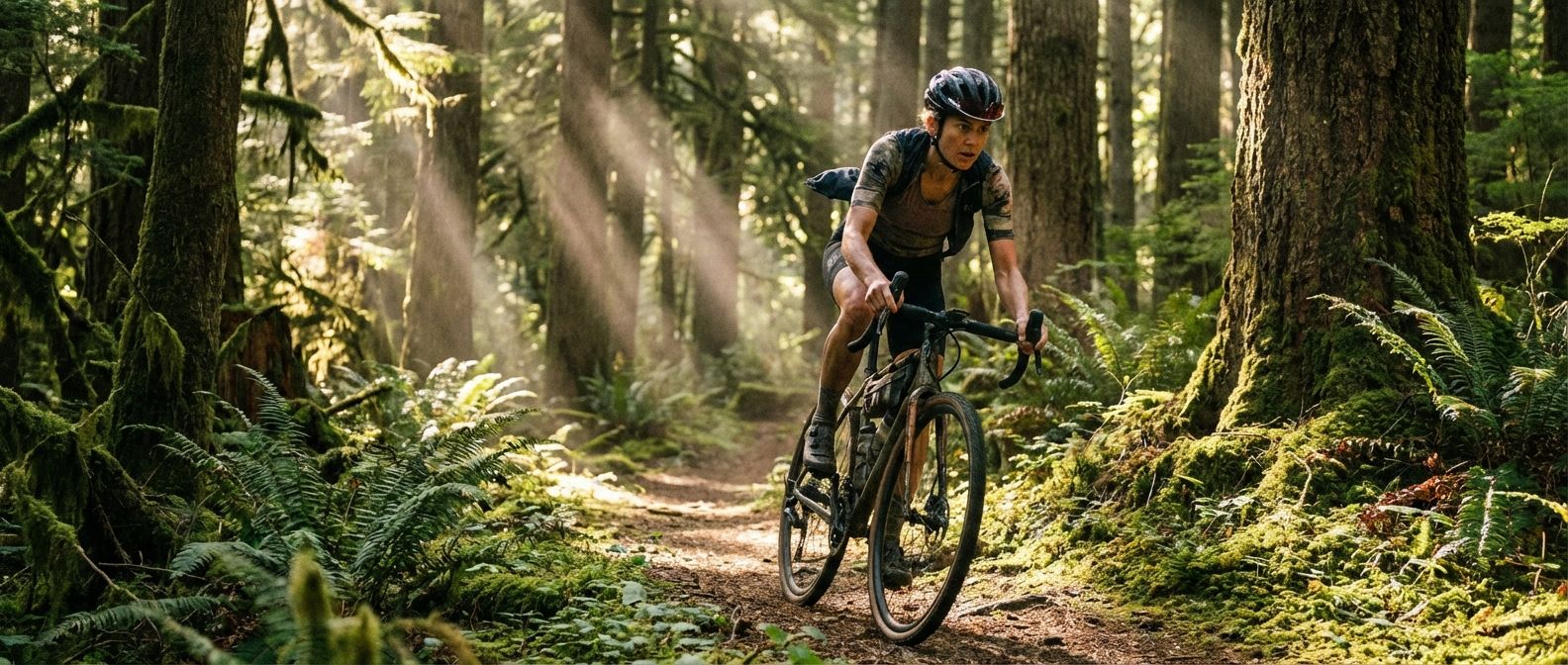 A breathtaking wide-angle photograph of a cyclist in mid-stride, intently focused on a winding, sun-dappled forest path. The image captures the dynamic coordination of the body and the sharp visual precision of the eye, with shafts of light piercing through the canopy and illuminating the path ahead.