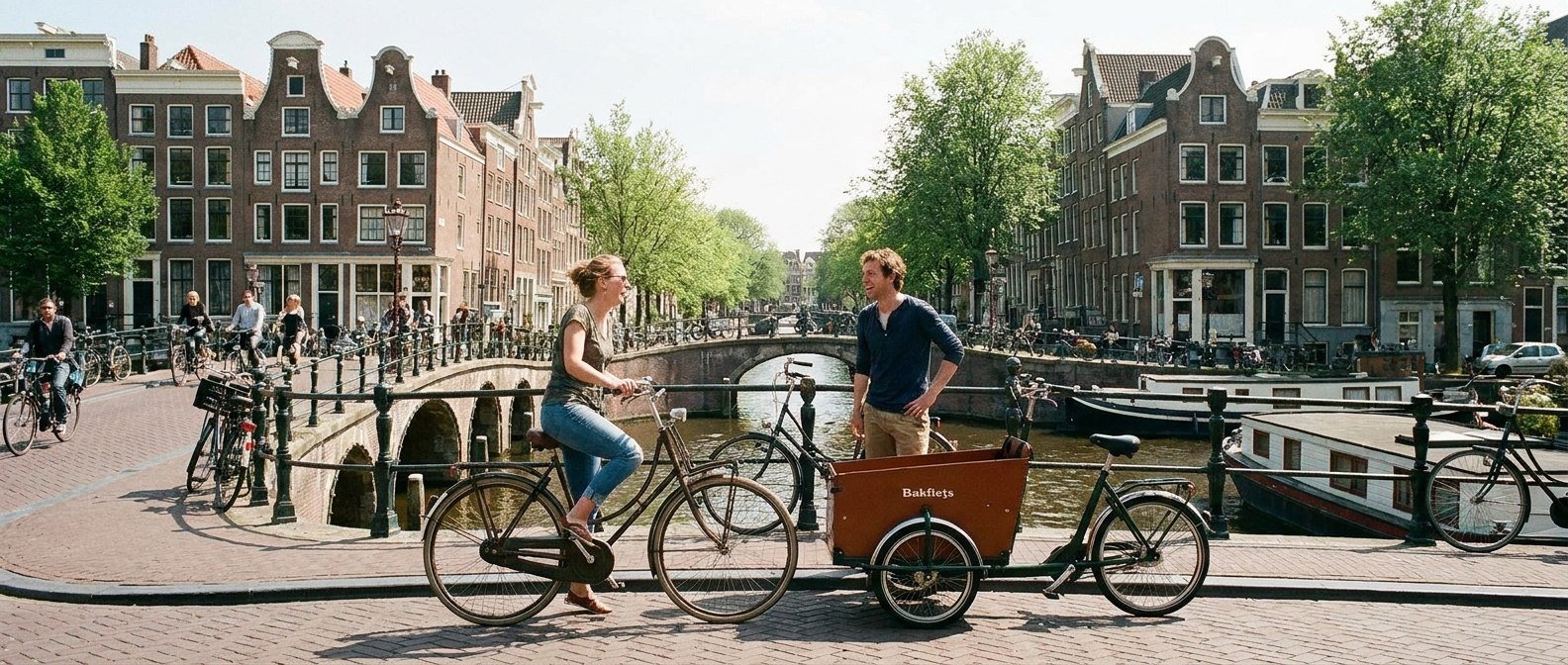 A wide, horizontal photograph of two friends, smiling and engaged in conversation, standing with their bicycles on a picturesque canal street in a charming Dutch city. The scene is brightly lit by natural daylight, showcasing historic architecture and a relaxed, everyday atmosphere.