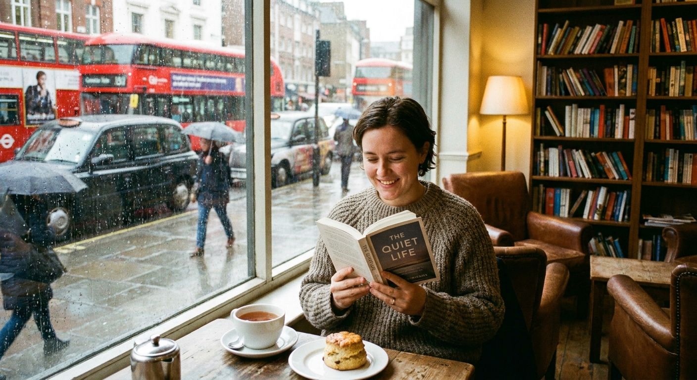 A person with a content expression, engrossed in reading a book in a warm, cozy British cafe, with a cup of tea on the table. Through the large window in the background, a busy London street is visible, with red double-decker buses and cars in traffic, conveying a sense of urban hustle and potential frustration. The scene is captured in a vivid, realistic photograph.