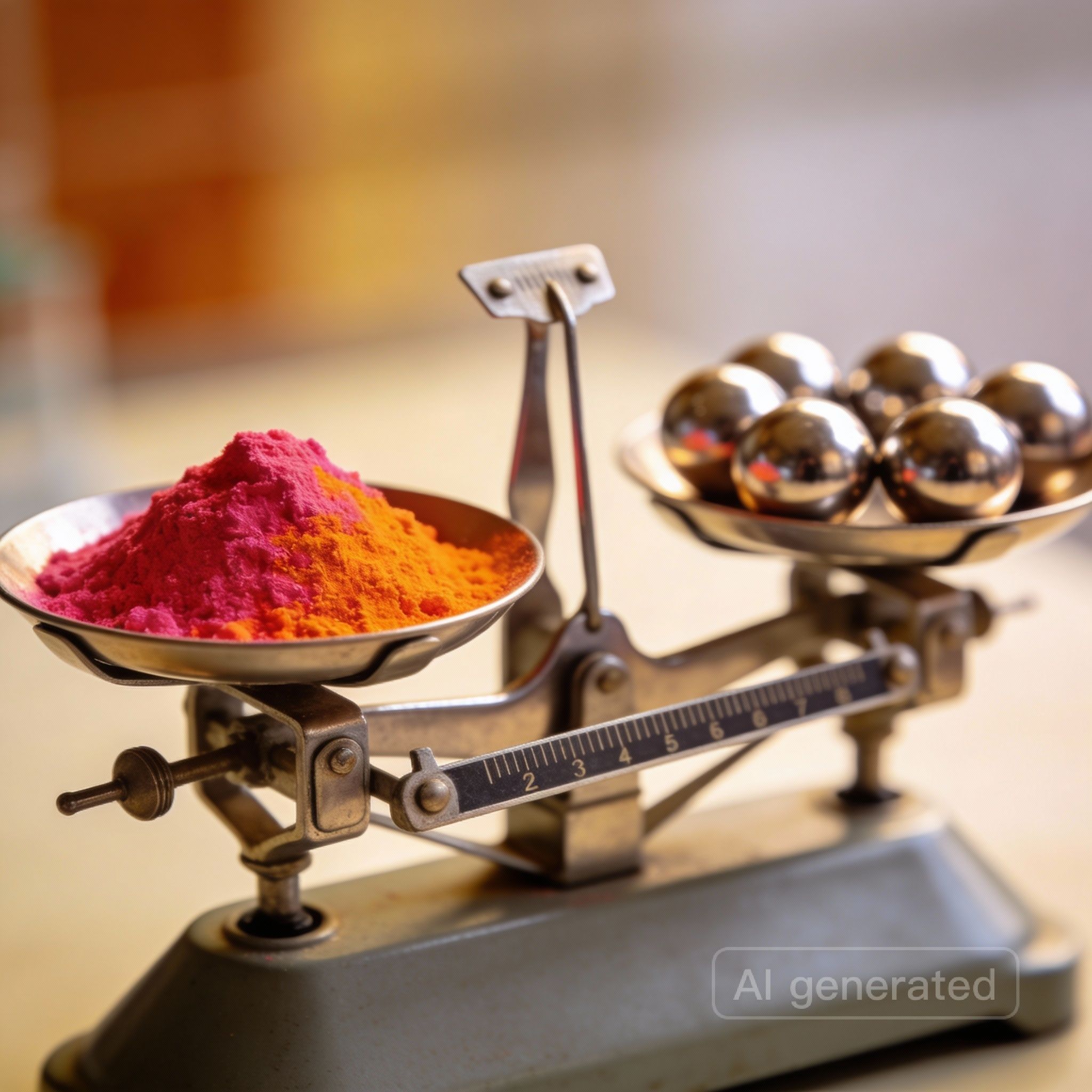 A close-up shot of a triple-beam balance, with a small pile of brightly colored chemical powder on one side and several shiny, identical metal spheres on the other, balanced perfectly. The scene is lit with soft, diffused light, highlighting the textures of the powder and the metal.