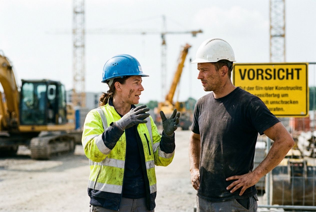 A candid, professional photograph capturing two construction workers on a modern German industrial site, one gesturing while explaining a task to the other, who is wearing a safety helmet and listening attentively. The background shows blurred heavy machinery and a visible "Vorsicht" sign. The lighting is bright and industrial, composed for a 3:2 landscape frame.