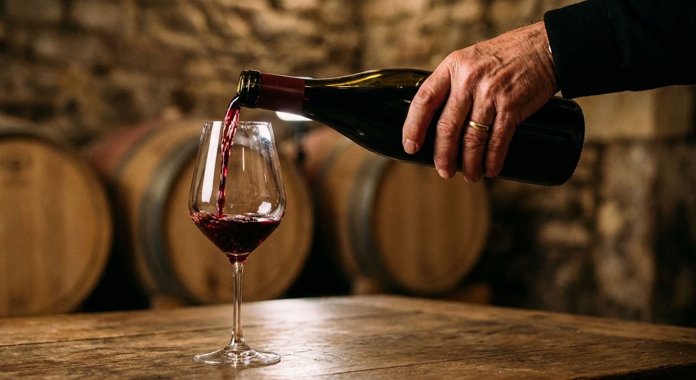 A dramatic close-up photograph of a French sommelier's hand delicately pouring a small amount of deep red wine into a crystal tasting glass, with the liquid catching the light to reveal its subtle nuances, set against a softly blurred elegant background.
