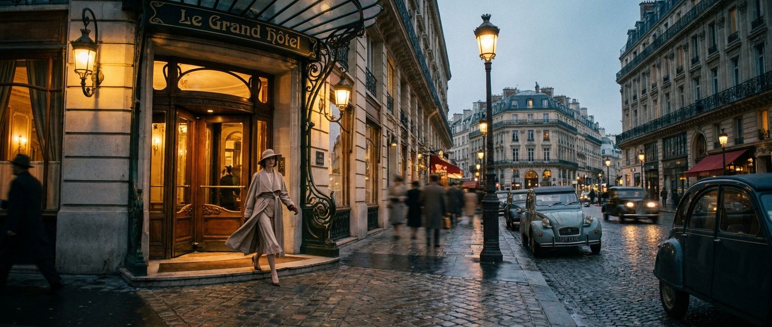 A wide, cinematic photograph captures a person elegantly stepping out of an ornate Parisian building entrance onto a bustling cobblestone street at dusk, a soft glow from the streetlights illuminating their path. The scene evokes the feeling of "just arriving" or "just going out," with blurred figures and classic French architecture in the background.
