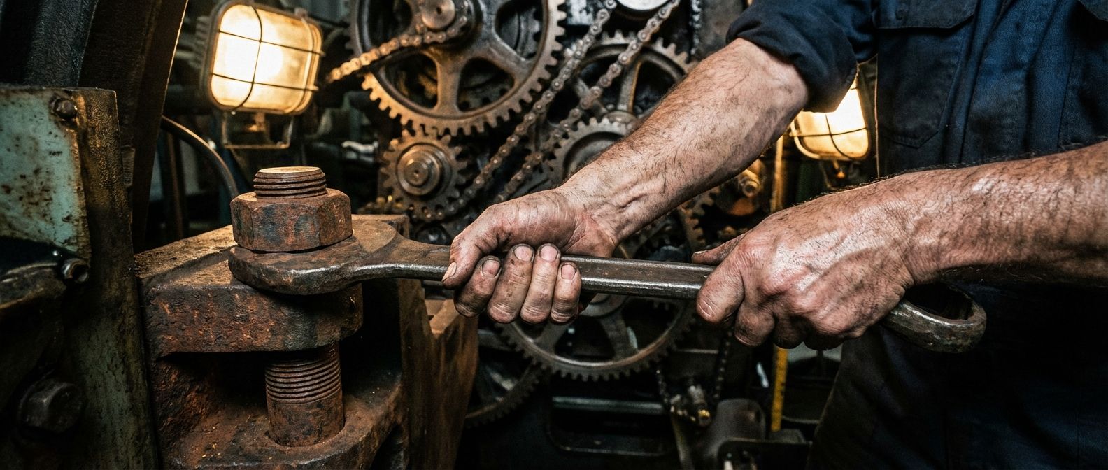 A dramatic, close-up, wide-angle photograph of a skilled mechanic's hands firmly gripping a large spanner, applying significant turning force to loosen a giant, rusted bolt on heavy machinery. In the background, out of focus but visible, are intricate, interlocking gears. The scene is lit by harsh industrial light, casting strong shadows and highlighting the effort and precision involved.