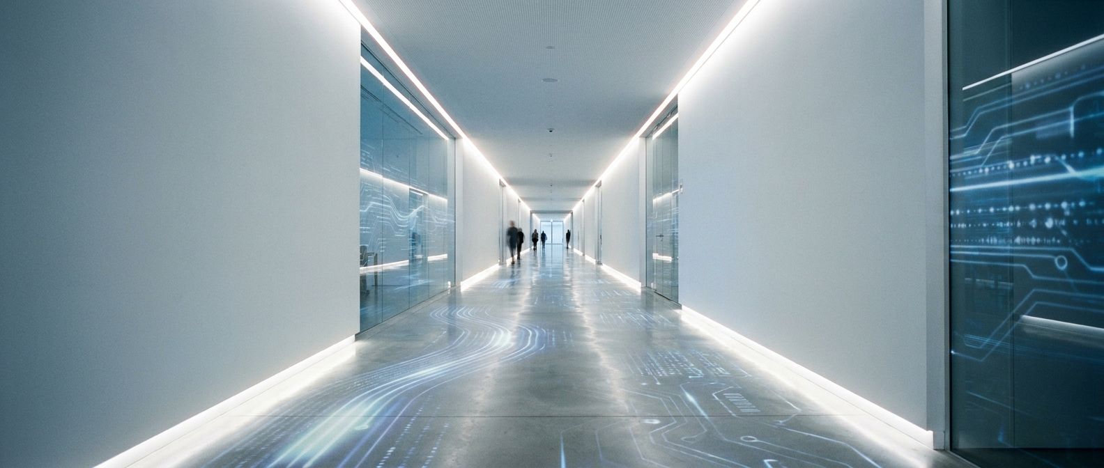 A wide-angle photograph of a long, pristine, minimalist corridor within a modern European architectural building. The corridor is dramatically lit with bright, clear light emanating from concealed sources, casting a sense of transparency and precision. Subtle, glowing digital patterns are integrated into the floor or walls, hinting at data and artificial intelligence. The perspective emphasizes the depth and length of the corridor, suggesting a clear, phased pathway forward. The mood is one of order, regulation, and future progress.