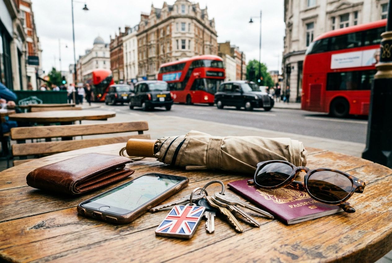 A vibrant close-up photograph of everyday personal items casually laid out on a rustic wooden cafe table. Visible items include a classic leather wallet, a mobile phone, a set of keys, a folded umbrella, a passport, and a pair of sunglasses. In the blurred background, a bustling London street with iconic red double-decker buses and historic buildings is visible under soft, natural daylight, composed for a 3:2 landscape.