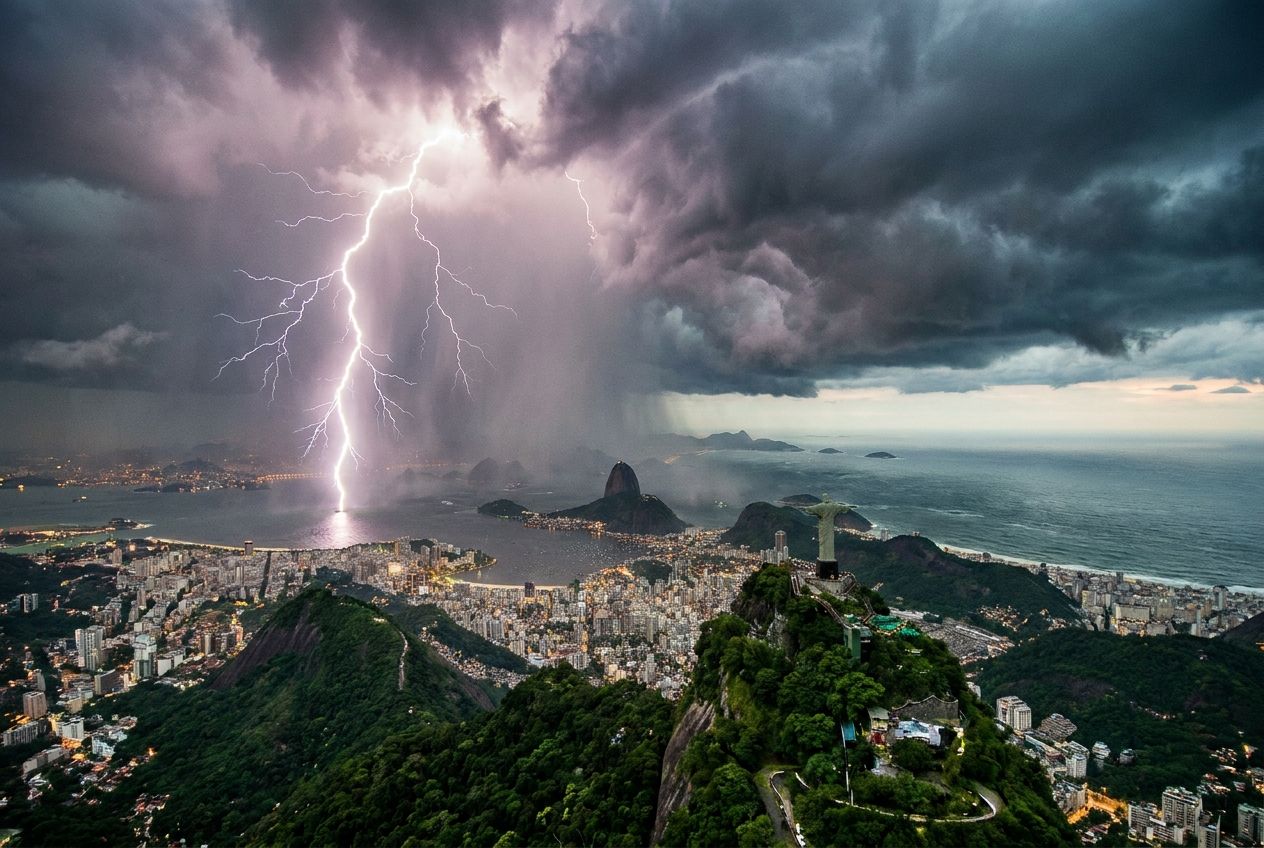 A dramatic, wide-angle photograph capturing a brilliant lightning bolt striking down from dark, swirling storm clouds over the lush, vibrant landscape of a Brazilian coastal city at dusk, with a heavy downpour just beginning. The scene emphasizes the raw, beautiful power of adverse weather in a 3:2 landscape frame.