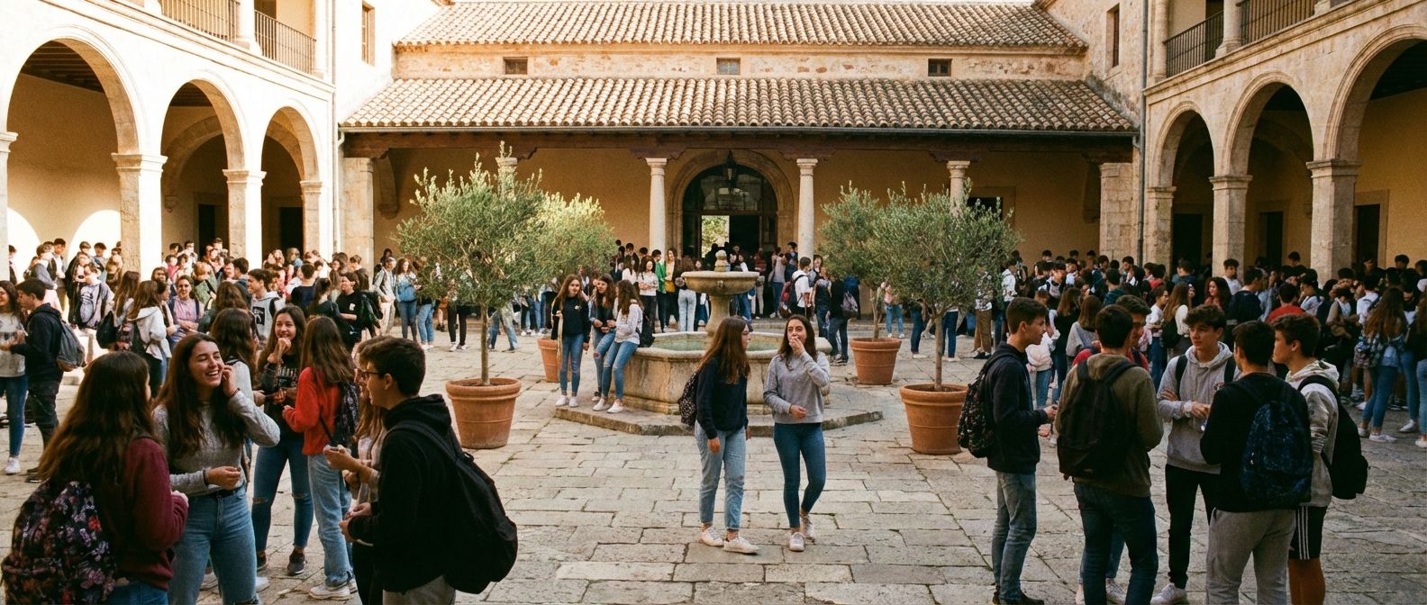 A wide, sun-drenched photograph of a bustling school courtyard (`el patio`) in a traditional Spanish school during break time. Teenage students are seen chatting, laughing, and walking, capturing the vibrant energy of daily school life, framed by old stone arches and terracotta details with warm, natural lighting.