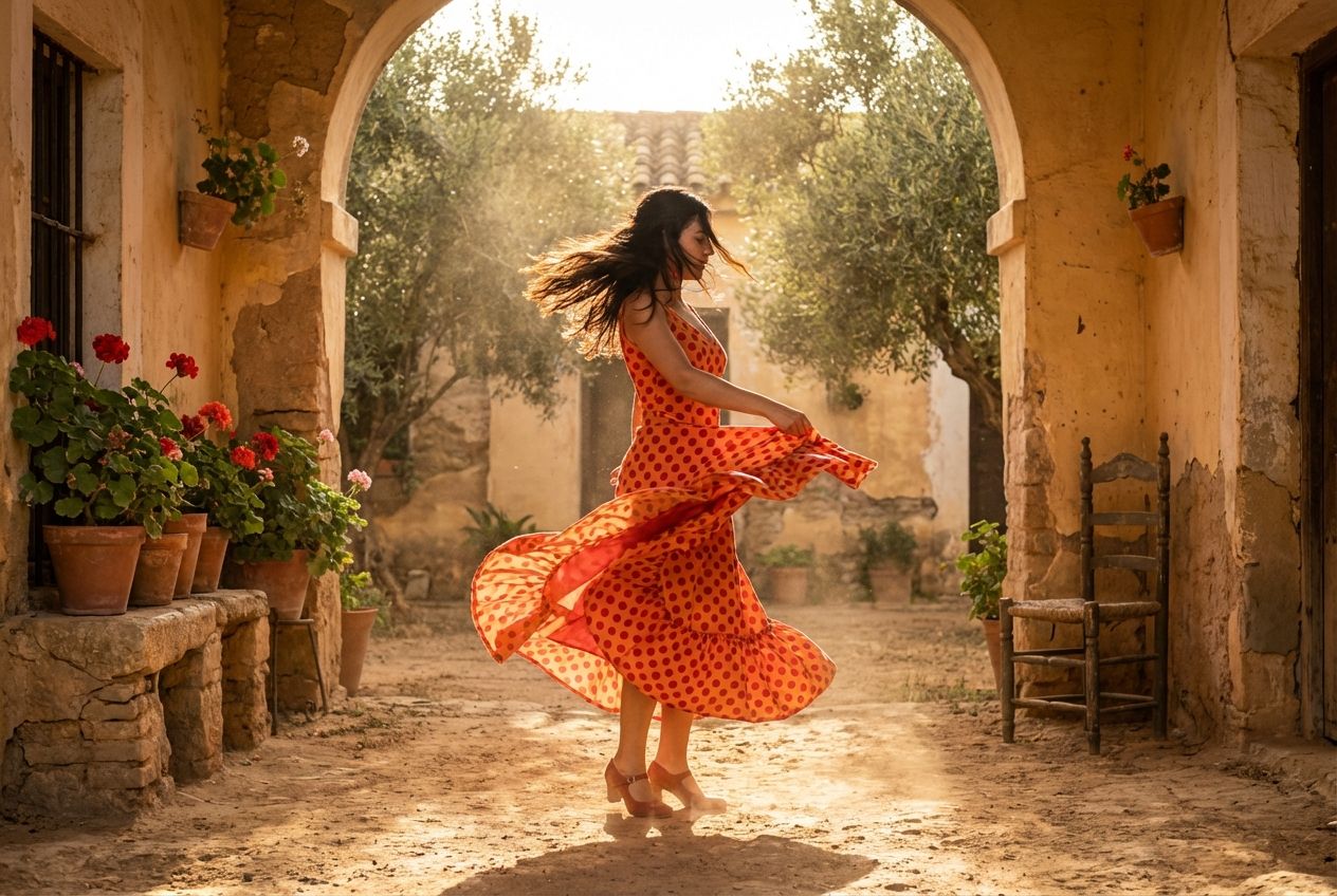 A dramatic photograph of a young Spanish student, mid-twirl in a flamenco pose, her vibrant dress flowing dynamically, bathed in warm, directional light within a rustic, sun-drenched Andalusian courtyard. The scene captures the energy of learning and cultural expression in a 3:2 landscape.