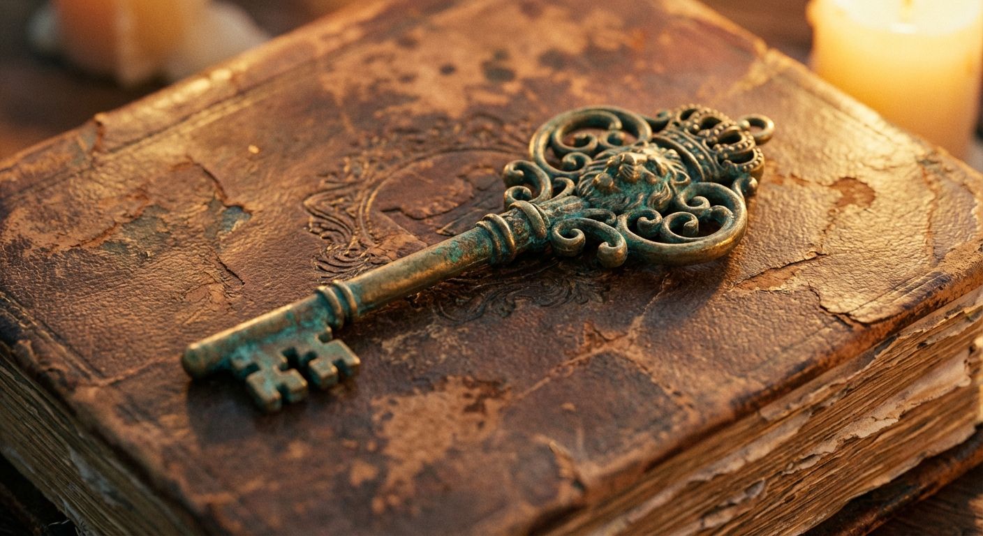 A macro photograph of an ornate, vintage brass key resting on a weathered leather-bound journal. The lighting is warm and cinematic, highlighting the intricate textures of the metal and the soft grain of the leather.