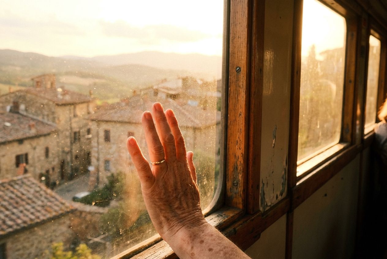 A close-up, sun-drenched photograph of a hand gently resting on the window of an old Italian train, looking out at a picturesque Tuscan village nestled in rolling hills. The scene evokes a sense of nostalgic reflection on past journeys and memories, captured at golden hour with warm, soft light in a 3:2 landscape frame.