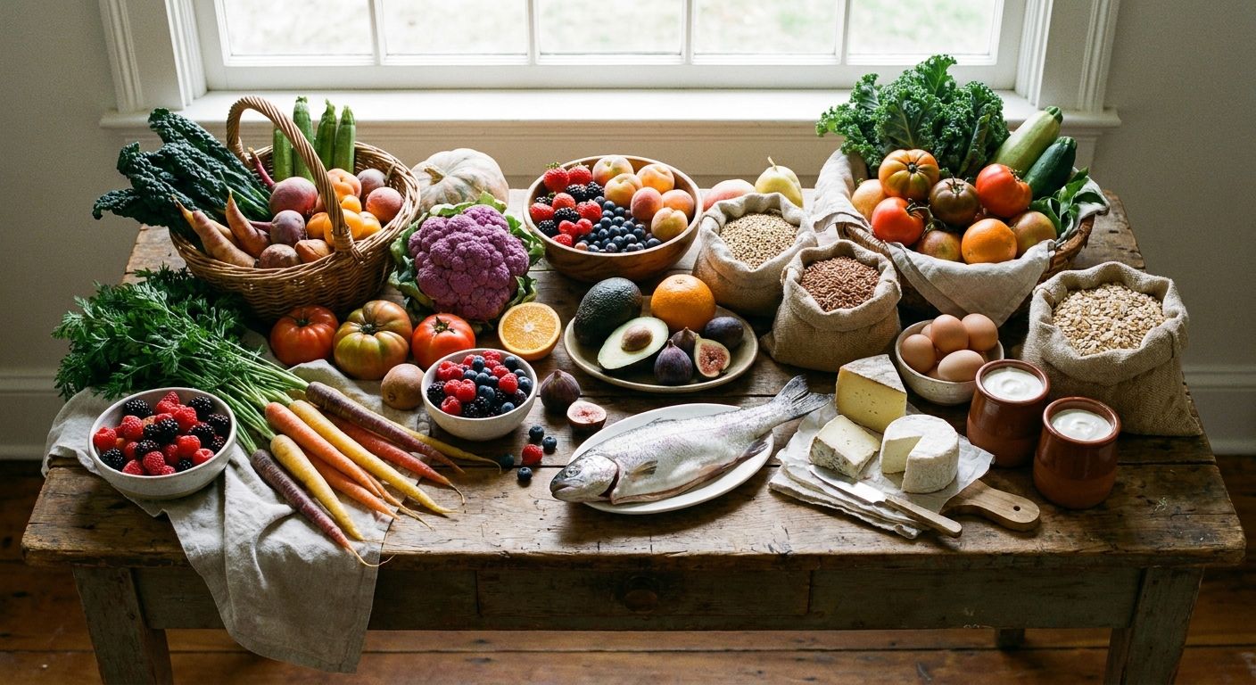 A vibrant, high-angle photograph of a rustic wooden table laden with a diverse, artfully arranged spread of colorful, fresh, unprocessed food ingredients, bathed in soft natural light. The composition features an abundance of vibrant vegetables, various fruits, whole grains, lean proteins like fish and eggs, and dairy products, all emphasizing the components of a healthy, balanced diet.