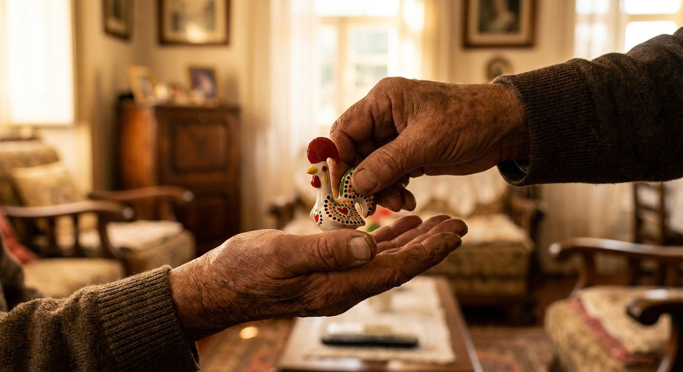 A warm, intimate close-up photograph of two hands, one gently placing a small, beautifully crafted traditional Portuguese ceramic object, like a miniature Galo de Barcelos or an azulejo tile, into the open palm of another person's hand. The hands are slightly weathered, suggesting wisdom and shared history, with soft, nostalgic lighting in a cozy, blurred background, evoking a sense of past memories and connection.