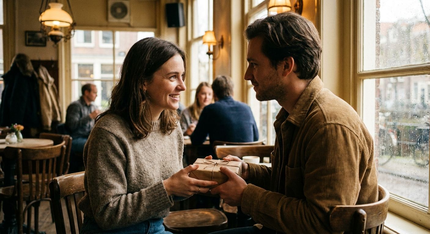A candid, warm photograph of two people in a cozy Dutch cafe, mid-exchange of a small, beautifully wrapped gift. Their hands are gently touching the present, and the recipient is looking directly at the giver, conveying a strong sense of personal connection and emphasis in the soft, warm light.