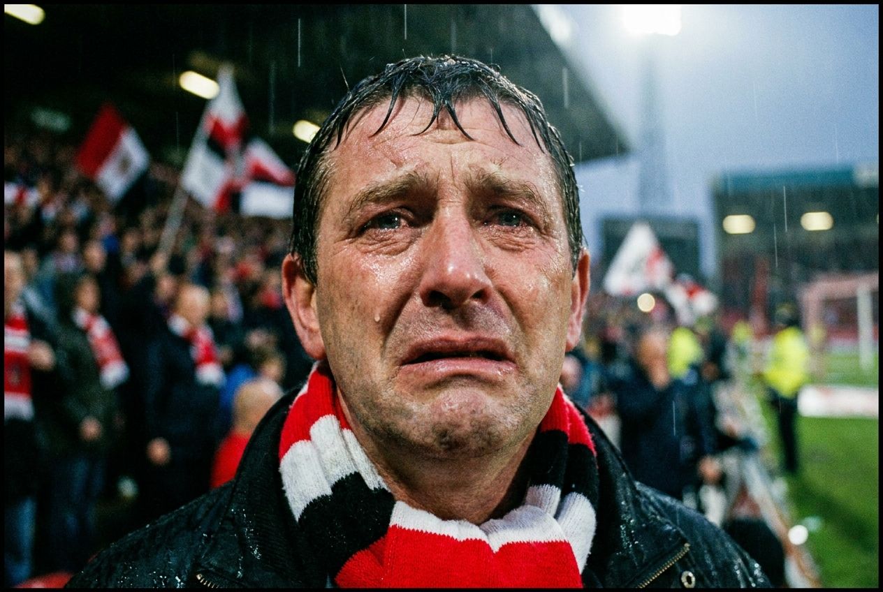 A close-up, dramatic photograph of a British football fan with a look of intense disappointment on their face, amidst the blurry but vibrant backdrop of a crowded football stadium during a match. The fan is wearing a team scarf, capturing the raw emotion of a disappointing game in a 3:2 landscape frame.