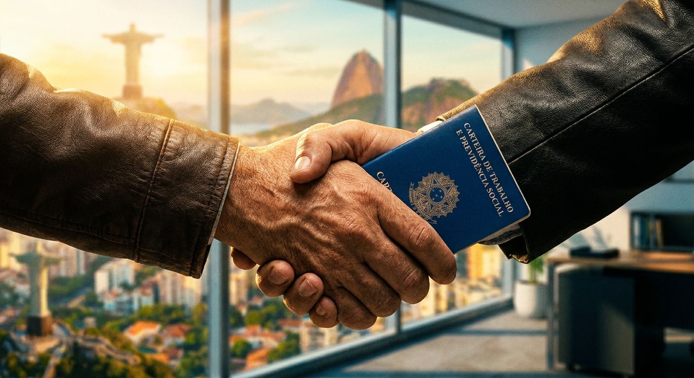 A close-up, dramatic photograph of two hands shaking firmly, symbolizing a job offer acceptance. One hand subtly holds a blue Brazilian 'carteira de trabalho e previdência social' booklet, against a blurred background of a modern office window overlooking a vibrant Brazilian city, bathed in optimistic daylight.