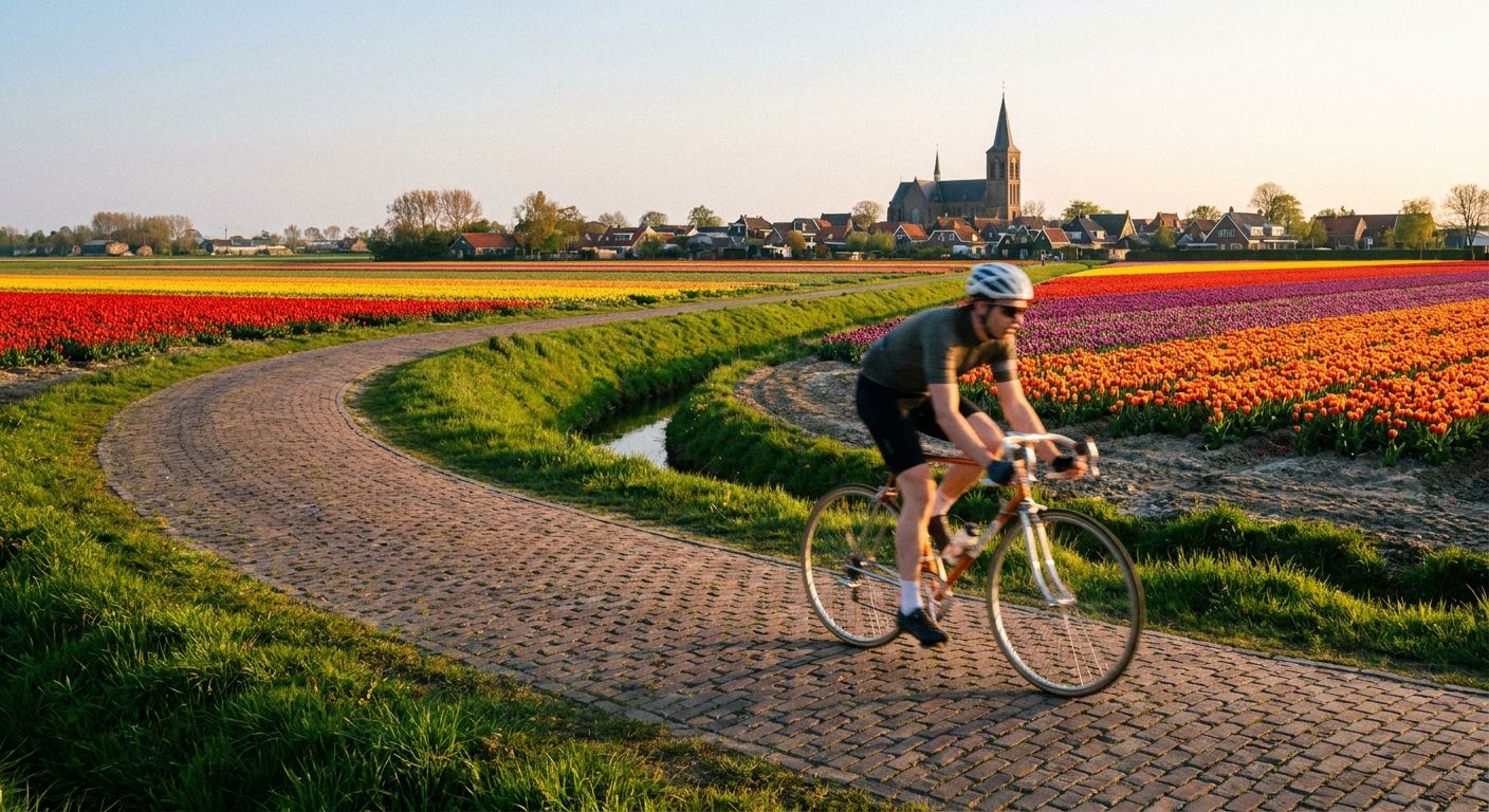 A dynamic, mid-distance photograph of a lone cyclist on a winding brick fietspad (cycling path) through a vibrant Dutch landscape. The path is flanked by fields of colorful tulips, stretching into the distance towards a charming traditional Dutch village with a prominent church spire, visually representing a clear journey from beginning to end. The scene is bathed in warm golden hour light.