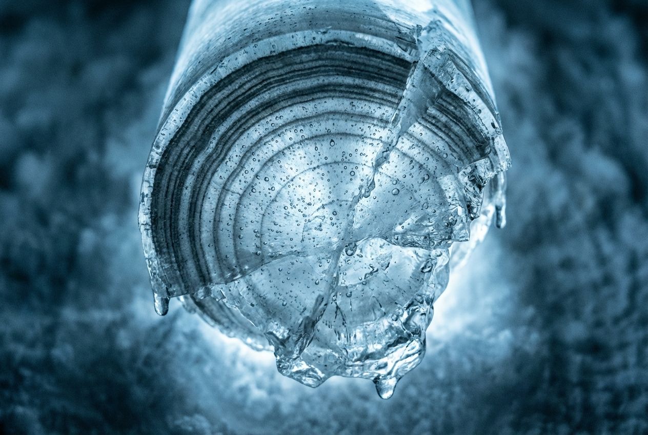 A dramatic, extreme close-up photograph of a perfectly preserved section of an ancient ice core, revealing intricate, distinct annual layers and tiny trapped air bubbles within the ice. The core is illuminated by a cold, ethereal light, emphasizing its scientific significance against a subtly blurred, stark, icy background, 3:2 landscape.