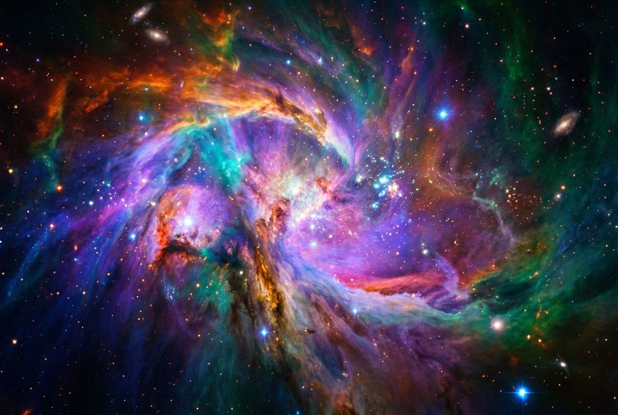 A breathtaking wide-angle photograph of a vibrant, swirling nebula in deep space, with brilliant stars emerging from its colorful gas clouds. The scene evokes immense cosmic power and the fundamental forces of the universe, composed for a 3:2 landscape frame.