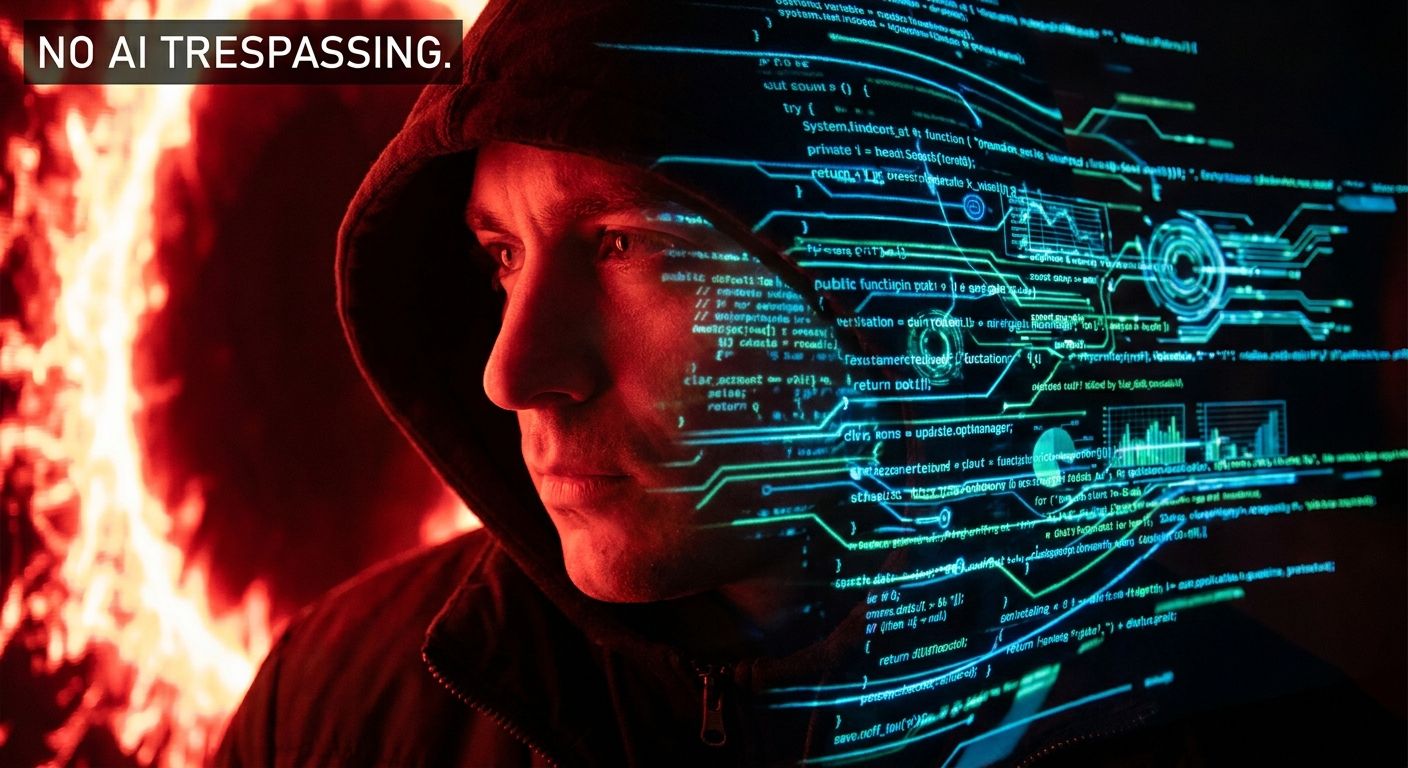 A dramatic, close-up photograph of a person's face or profile, with intricate digital data streams and glowing neural network patterns attempting to analyze or envelop them. A stark, vivid red light or energy field powerfully pushes back against the digital intrusion, symbolizing the prohibition and rejection of intrusive AI practices.