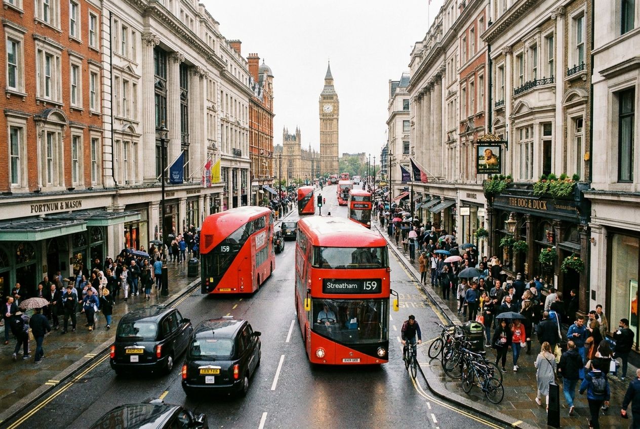 A wide-angle, vibrant photograph of a bustling London street, featuring iconic red double-decker buses moving along a busy thoroughfare. The scene captures the energetic, routine rhythm of daily life in the city, with people walking on pavements and classic British architecture in the background, composed for a 3:2 landscape frame.
