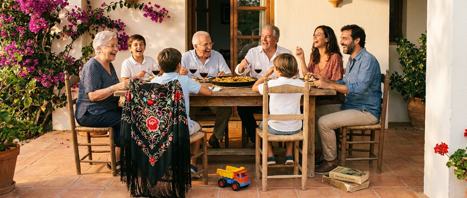 A multi-generational Spanish-speaking family is gathered around a large table on a sunlit patio in a vibrant, warm setting, sharing a lively meal and conversation. Grandparents, parents, and children are laughing and interacting, with various personal items like a colorful shawl draped over a chair, a child's toy on the floor, and a book on the table, subtly conveying relationships and ownership. The scene is captured in a wide, horizontal photograph with natural light.