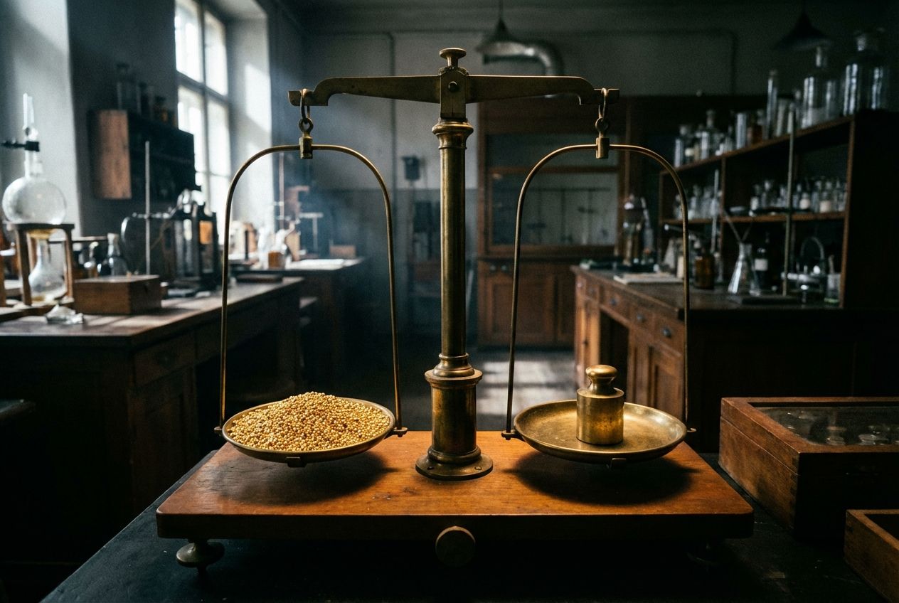 A dramatic, high-contrast photograph of a vintage analytical balance scale in an elegant, dimly lit laboratory setting. On one pan, a meticulously arranged, shimmering pile of countless tiny, identical, golden spheres, representing atoms or molecules. On the other pan, a single, precisely calibrated weight, perfectly balancing the vast quantity of spheres, emphasizing precision and the abstract nature of chemical measurement, composed for a 3:2 landscape frame with soft, focused lighting.