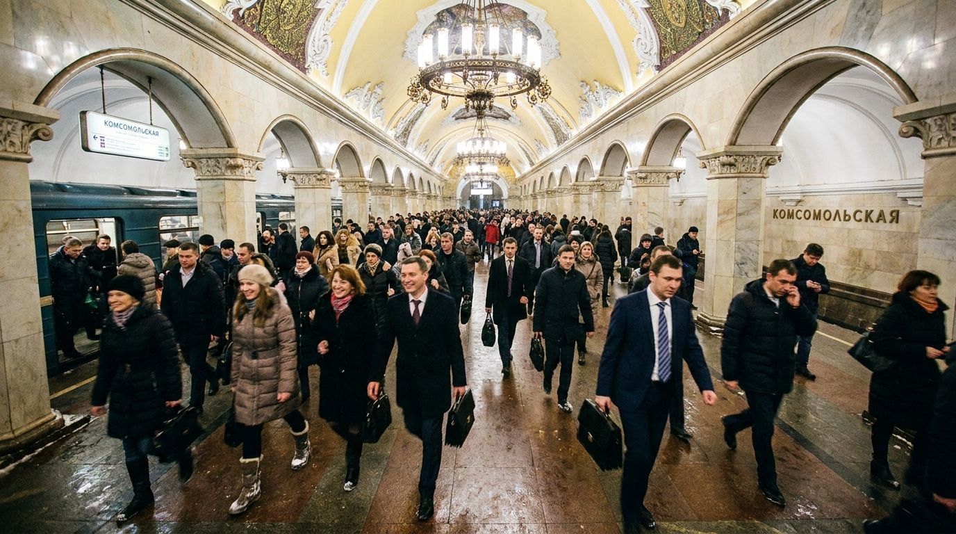 A dynamic wide-angle photograph capturing a diverse crowd of people exiting a grand Moscow Metro station during rush hour, with individuals in various professional attire moving through the ornate, brightly lit station hall, conveying the vibrant energy of daily work in a Russian urban setting.