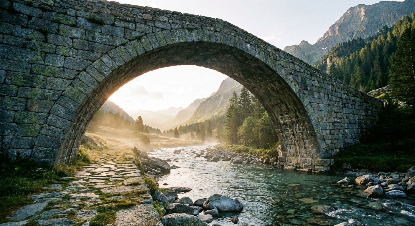 A cinematic, low-angle photograph of a massive, ancient stone bridge arching over a crystal-clear alpine river in the morning mist. The lighting is soft and golden, emphasizing the solid, interconnected stones and the clear path leading to a distant, sunlit valley.