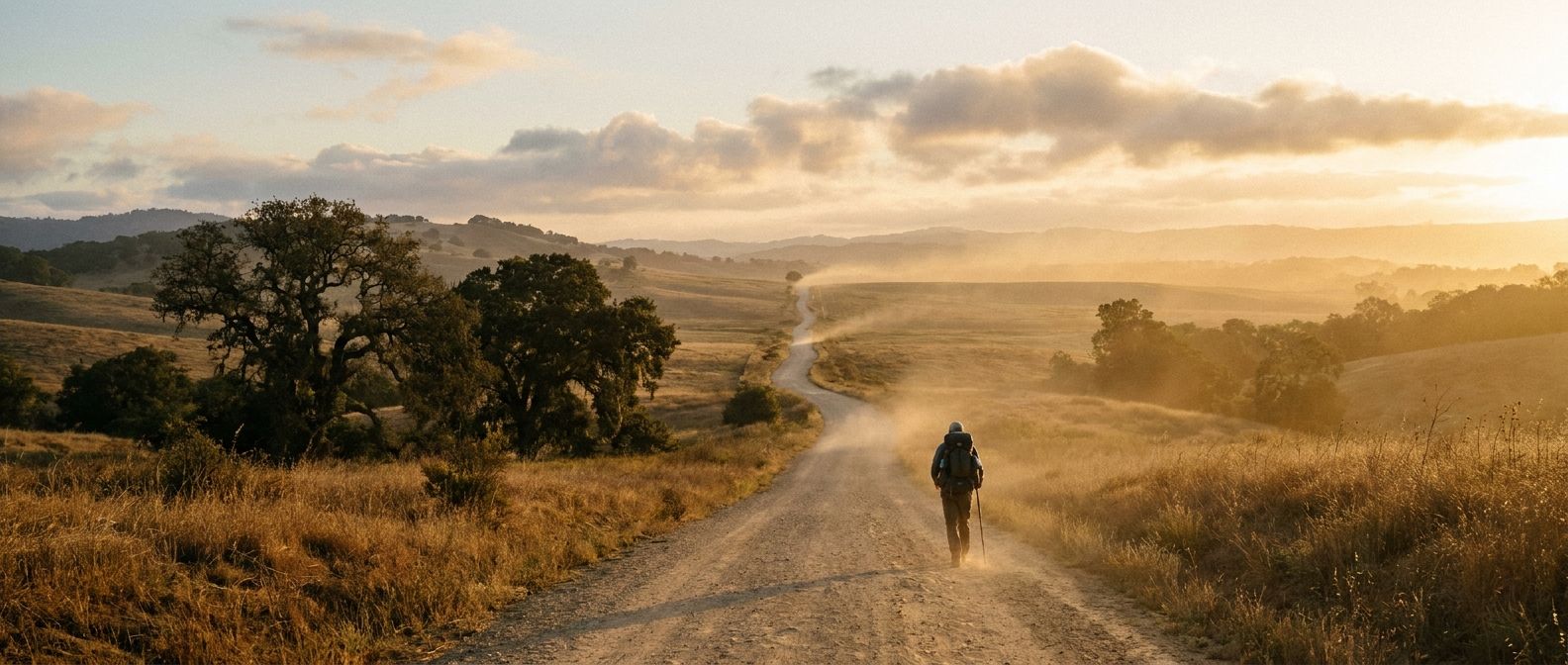 A dramatic wide-angle photograph of a lone figure walking along a long, winding dirt path that disappears into the distant, hazy horizon of a vast, serene landscape. The scene is bathed in the soft, golden light of either dawn or dusk, creating a vivid, contemplative mood and emphasizing the passage of time and continuous journey.