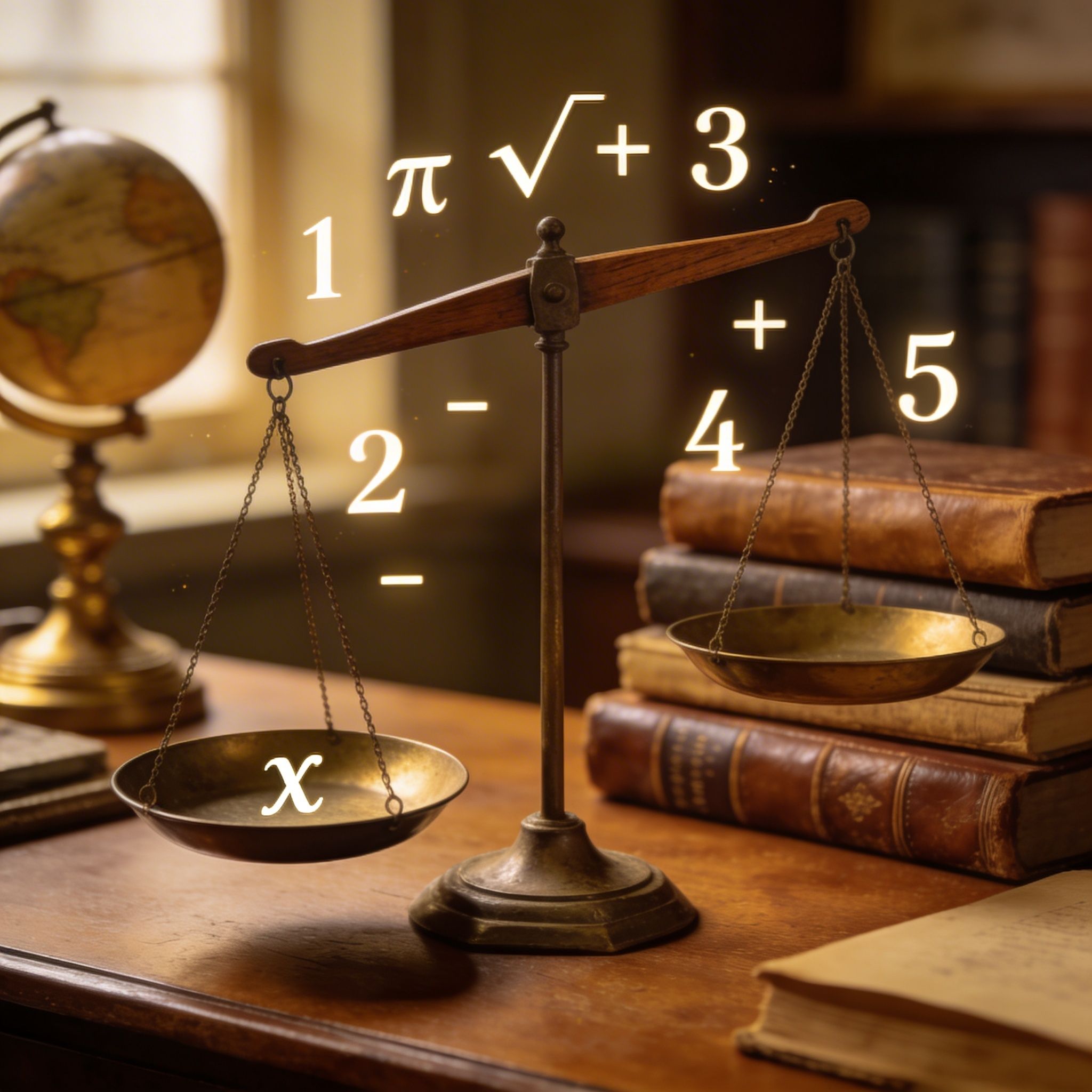 A photograph of an old-fashioned balance scale with mathematical symbols and numbers floating around it, with "x" on one side, slightly unbalanced. The backdrop is a softly lit study with vintage books and a globe.