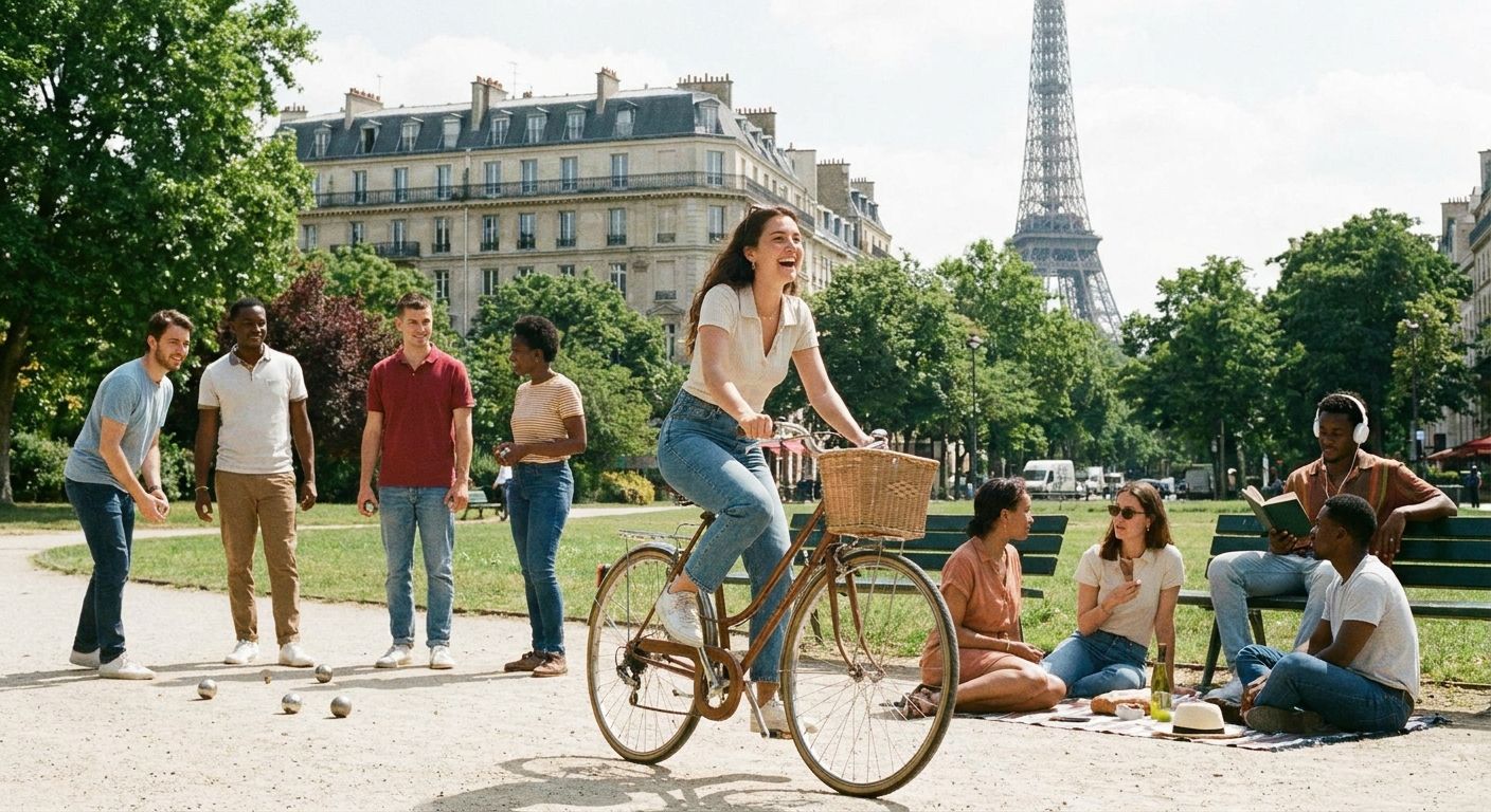 A candid photograph of a diverse group of friends in their 20s and 30s enjoying various leisure activities in a sun-drenched Parisian park, with classic French architecture in the background. One friend cycles past, another listens to music with headphones, while others chat, read, or play a casual game of pétanque, capturing a lively and social atmosphere.
