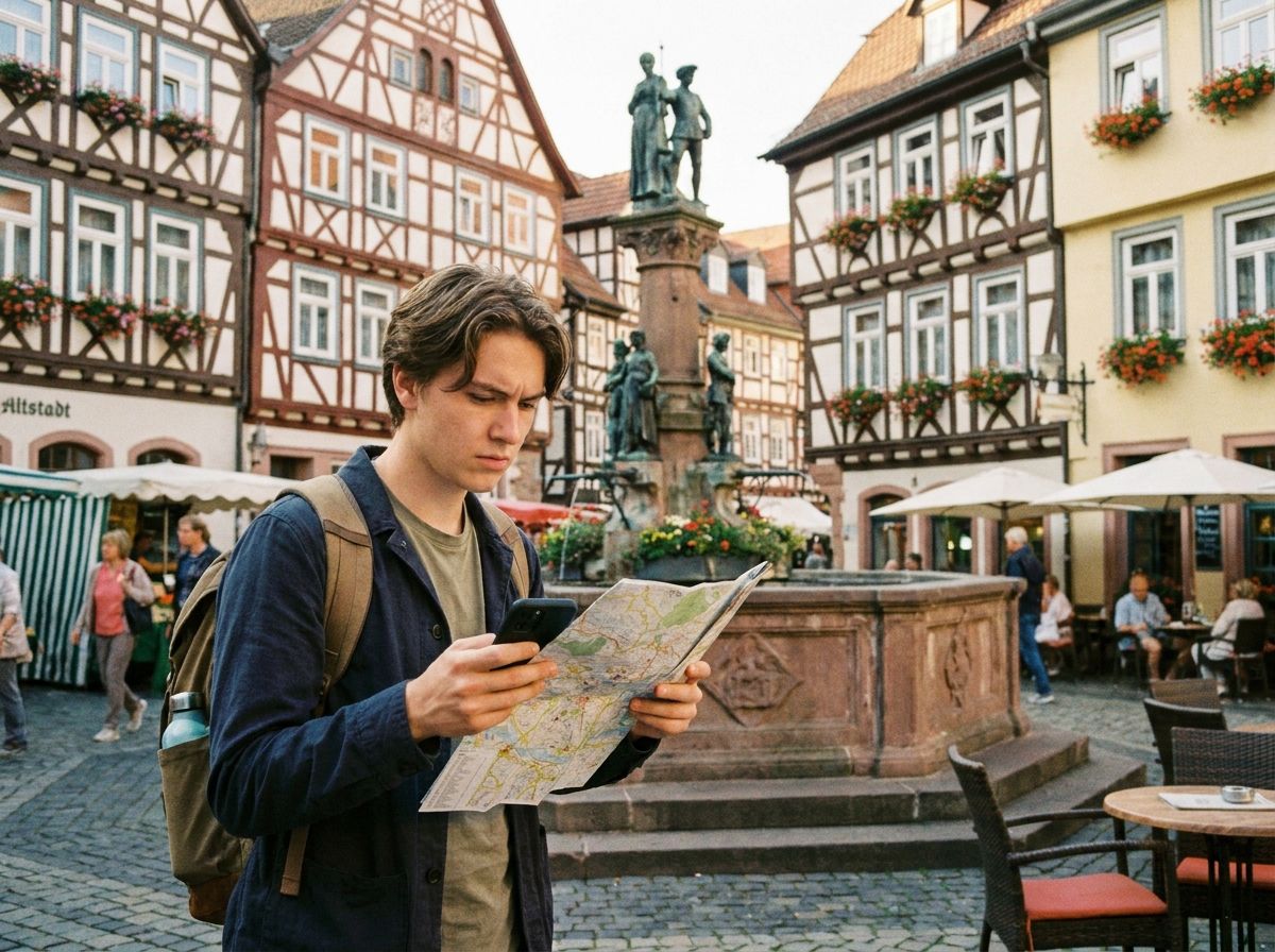 A candid, wide-angle photograph of a young person standing in a charming German Altstadt market square, looking at a folded map or smartphone with an expression of thoughtful navigation. Traditional half-timbered buildings and a historic fountain fill the vibrant background under warm, natural daylight, conveying a sense of exploration and discovery.