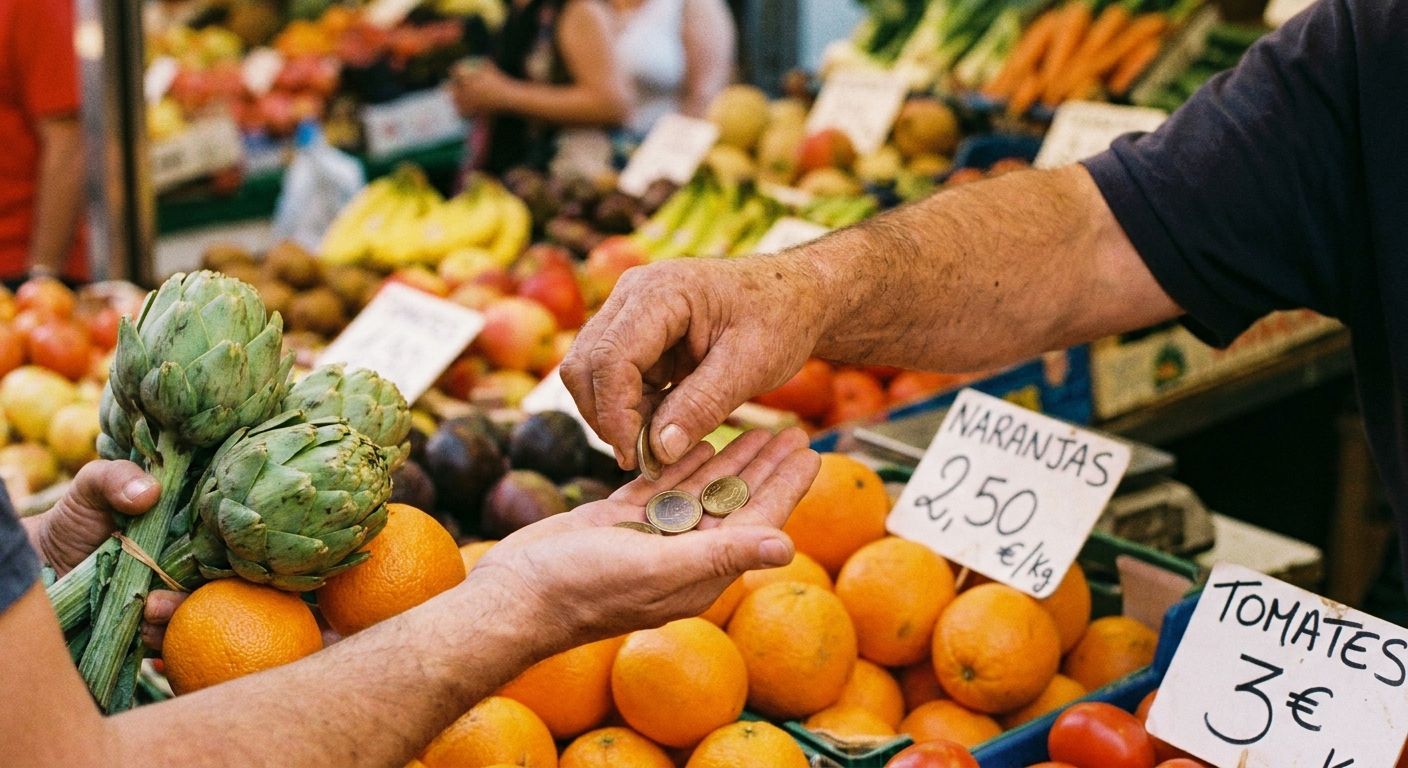 A vibrant, sunlit close-up photograph of a Spanish market vendor's hand exchanging euro coins for fresh produce, with colorful fruits and vegetables blurred in the background of a bustling market stall. The scene captures the practical everyday use of numbers in a lively, cultural setting.