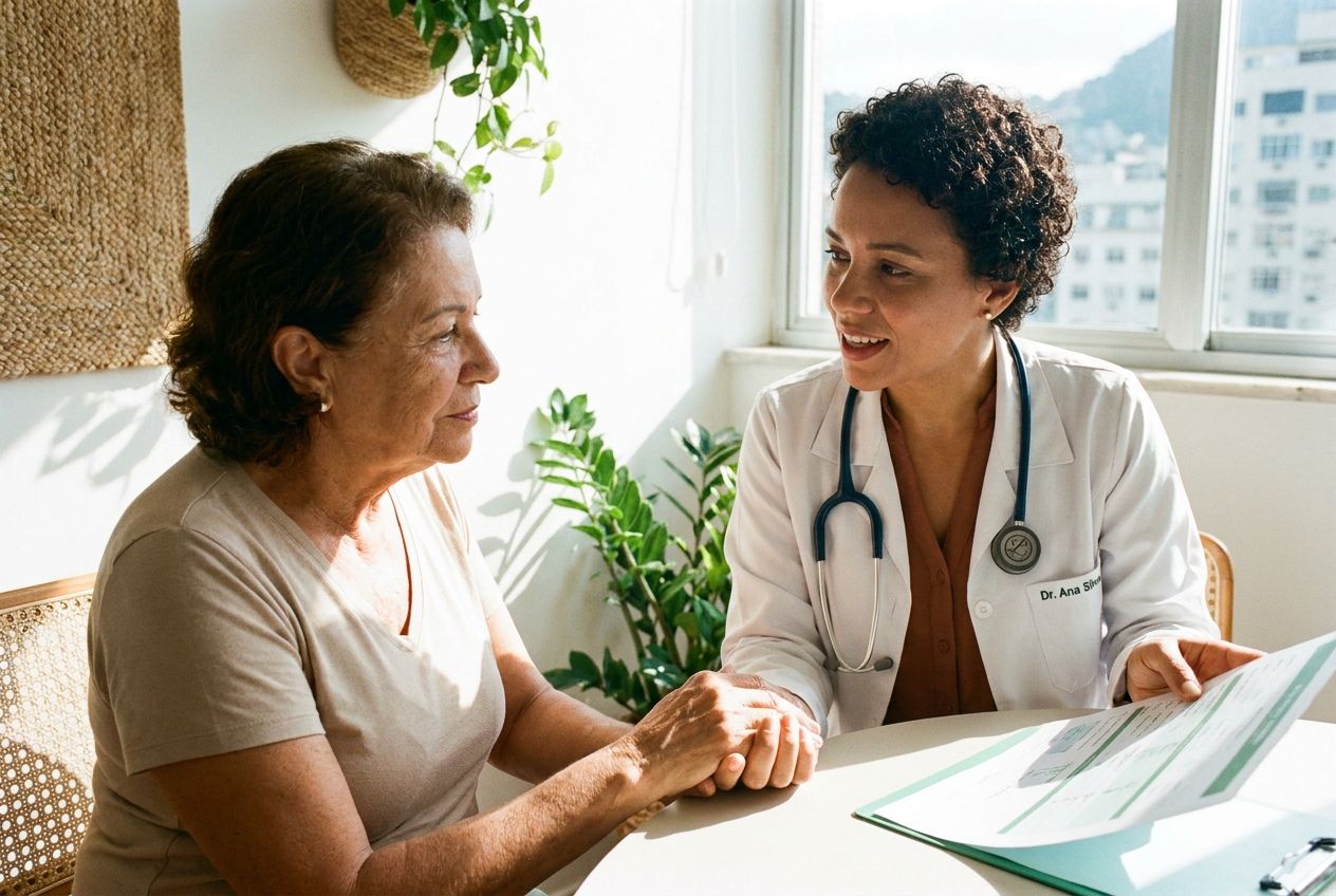 A close-up, empathetic interaction between a Brazilian doctor and a patient during a consultation, with the doctor gently holding the patient's hand while explaining something. The scene is brightly lit with warm, natural light, conveying a sense of care and clarity, captured in a vivid 3:2 landscape photograph.
